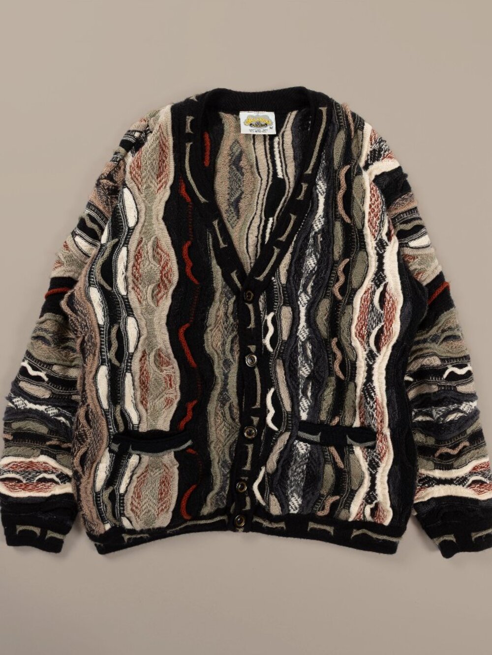 VTG 90s Aklanda Australia 3D Knit Cardigan Sweater Mens M 100% Merino Wool Coogi
